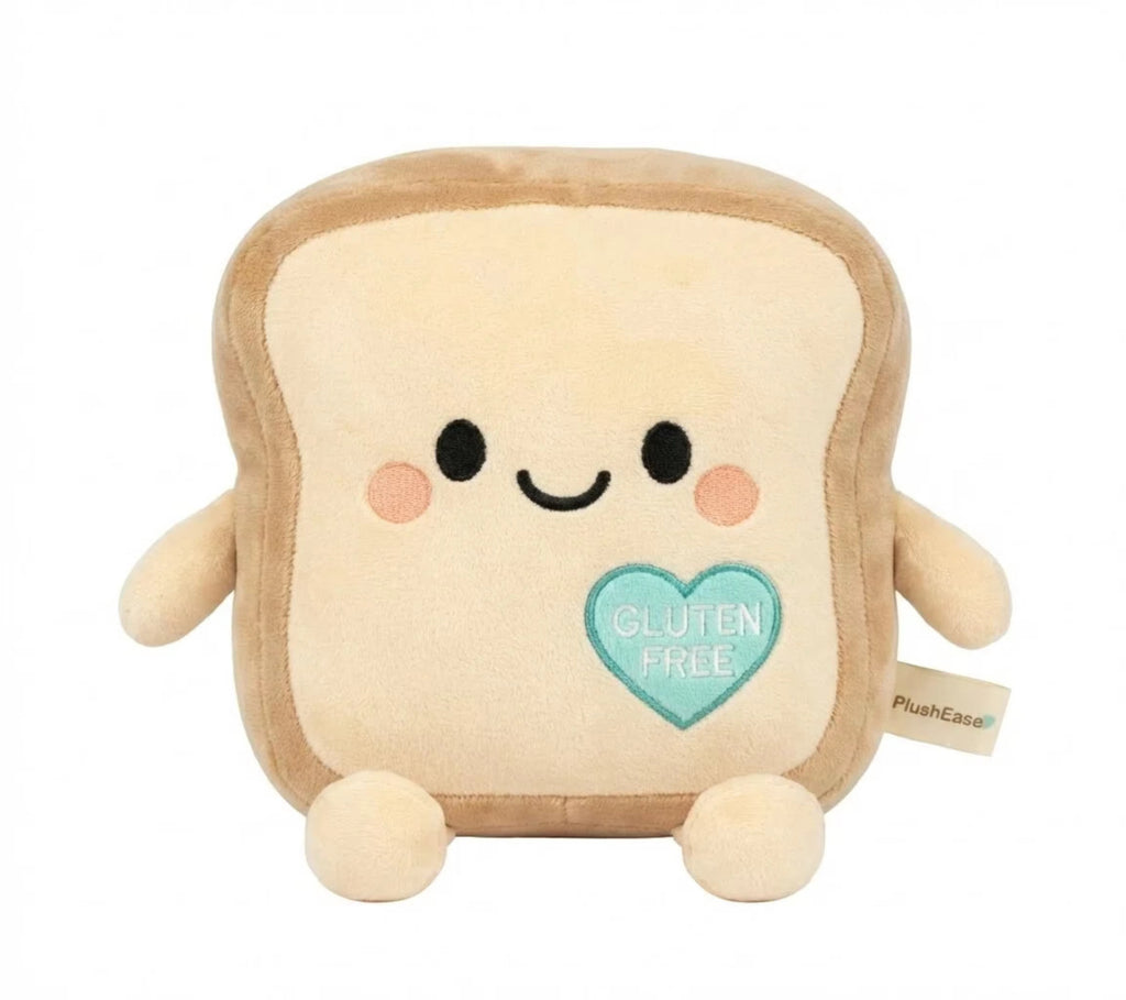 PlushEase gluten-free toast plushie front view. Gluten free plush toy for kids