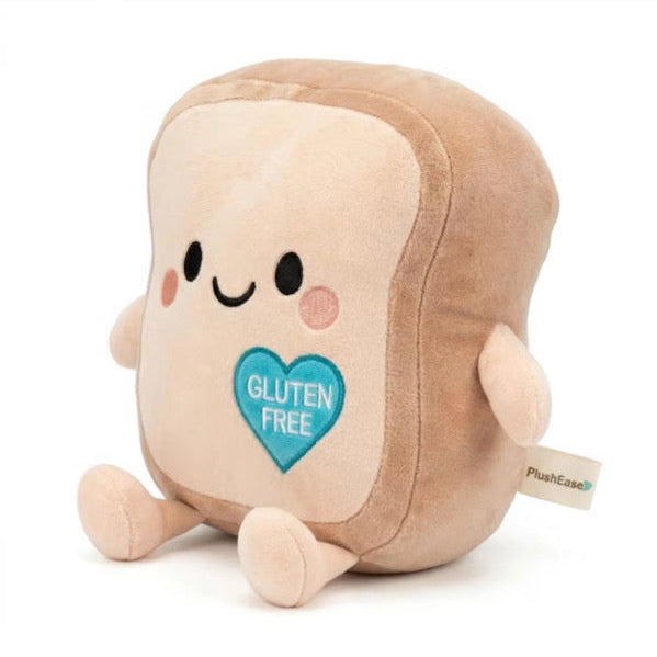 PlushEase gluten-free toast plushie with teal heart, side view. Gluten free plush toy for kids