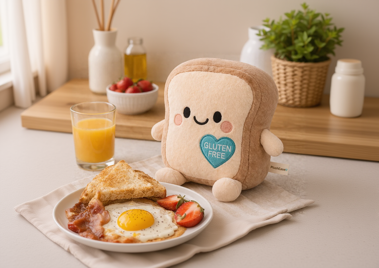 PlushEase allergy awareness plush toy toast with gluten free breakfast